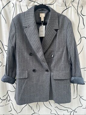 H&M Premium Selection Double-Breasted Gray Pinstripe Wool Blend Blazer Jacket